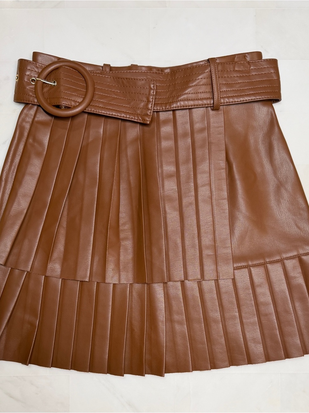 Pleated Vegan Leather Mini Skirt with Belt - Brow
